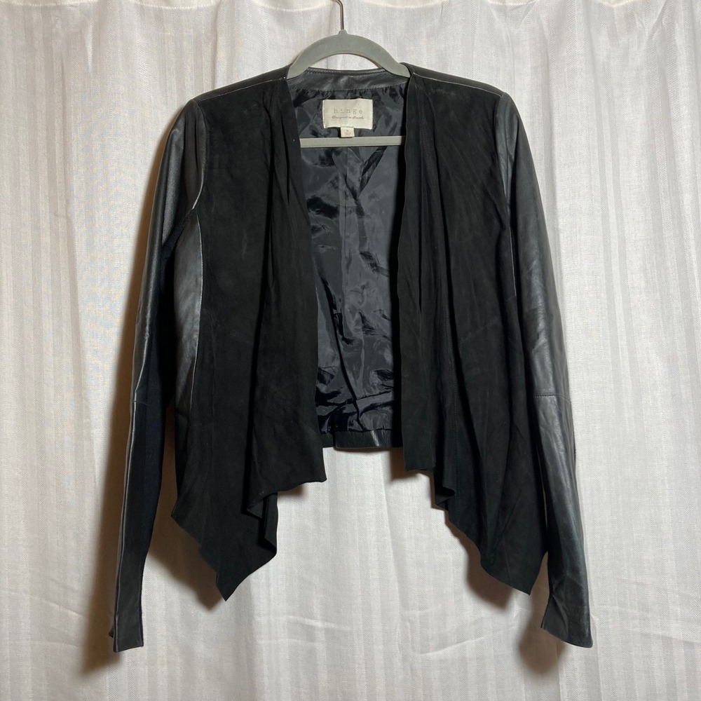 Hinge Black Leather Suede Open Front Draped Crop Jacket Womens M Edgy Minimalist